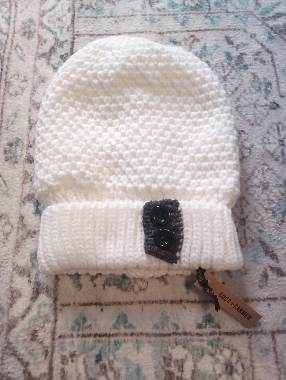 Coco & Carmen White Knit Beanie with Button Accent One Size NWT